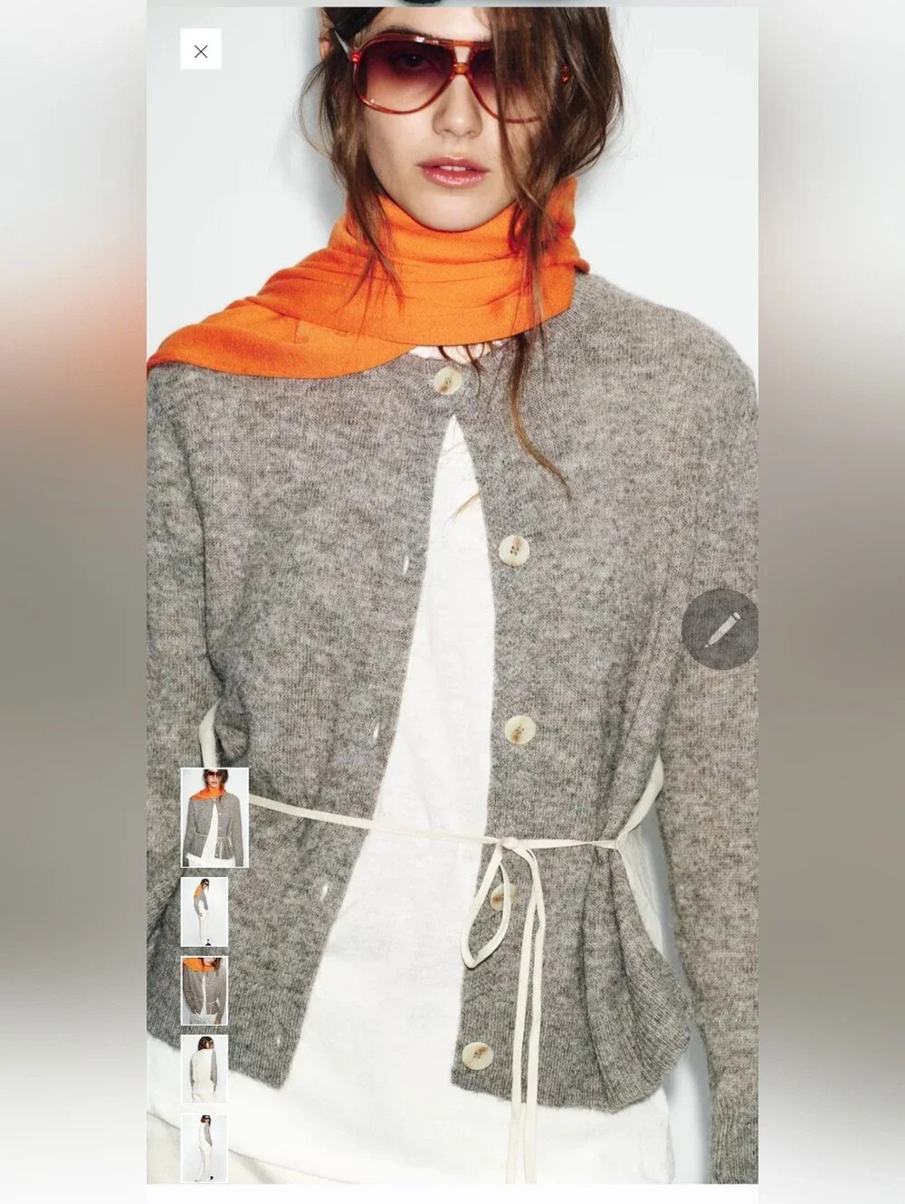 Zara Gray Button-Front Cardigan with Cream Buttons and Tie